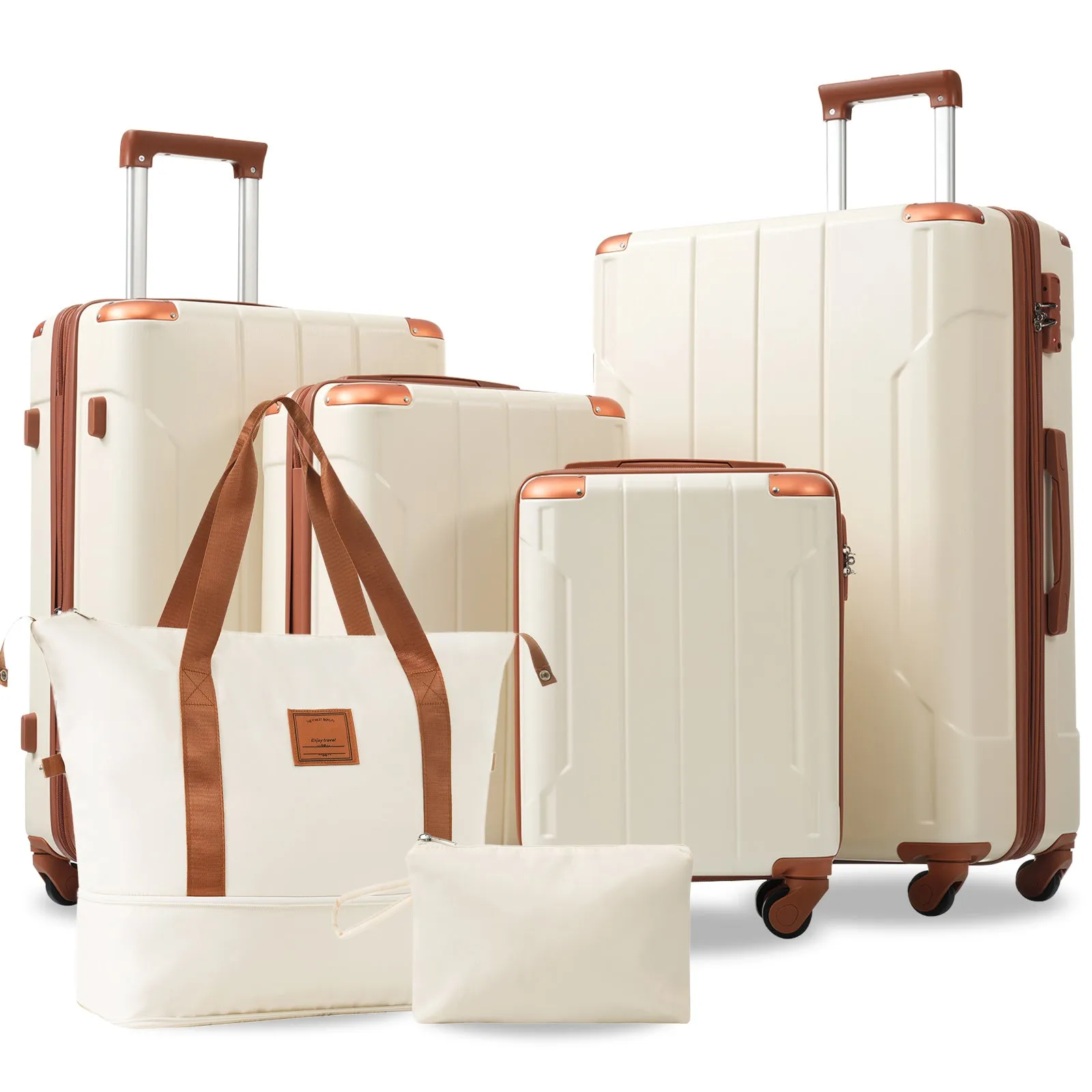 6-Piece Hardshell Luggage Set, Expandable with Wheels & TSA Lock White Brown