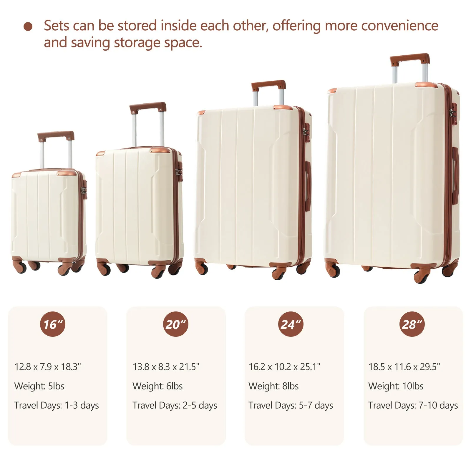 6-Piece Hardshell Luggage Set, Expandable with Wheels & TSA Lock White Brown