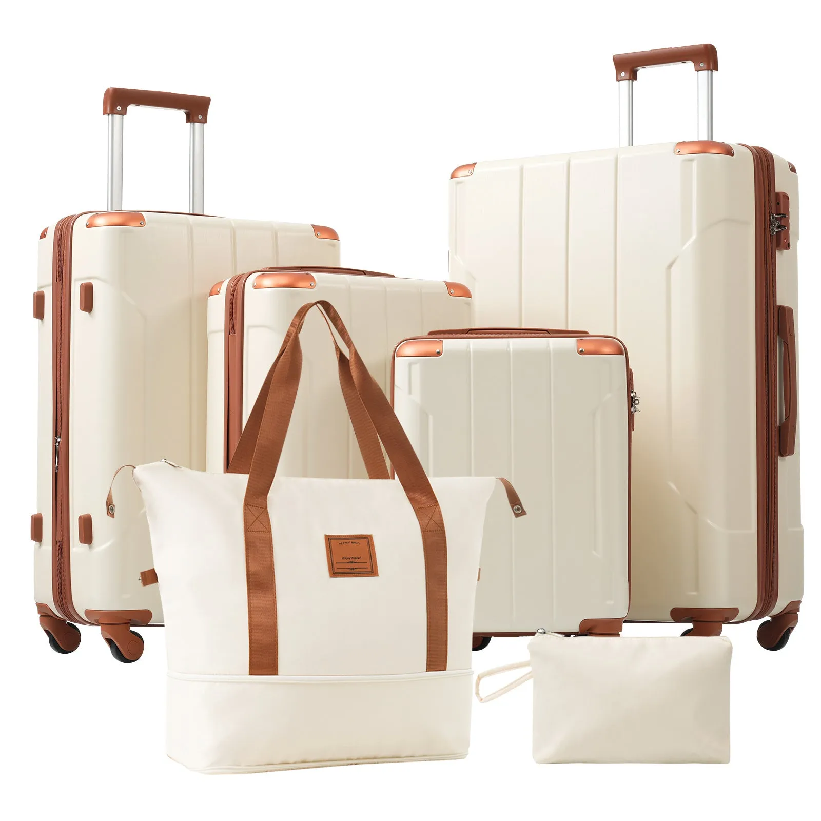 6-Piece Hardshell Luggage Set, Expandable with Wheels & TSA Lock White Brown