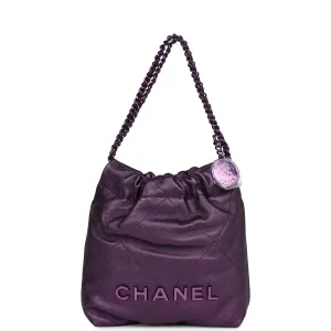 Chanel Mini 22 Bag Dark Purple Metallic Lambskin Lacquered Metal Hardware