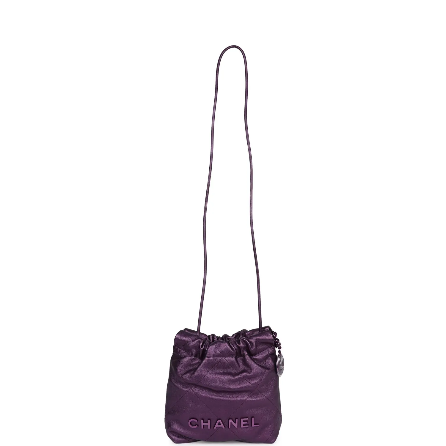 Chanel Mini 22 Bag Dark Purple Metallic Lambskin Lacquered Metal Hardware