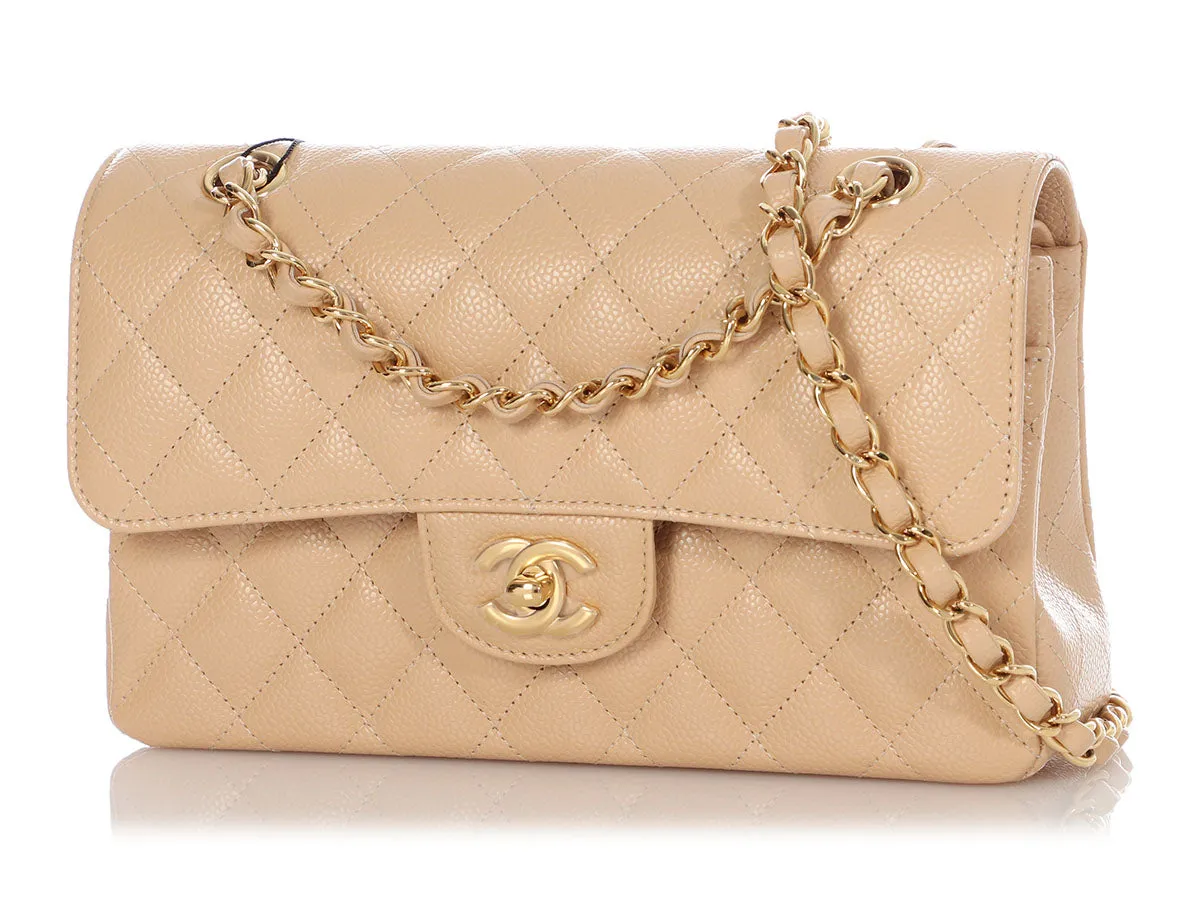 Chanel Small Beige Claire Quilted Caviar Classic Double Flap