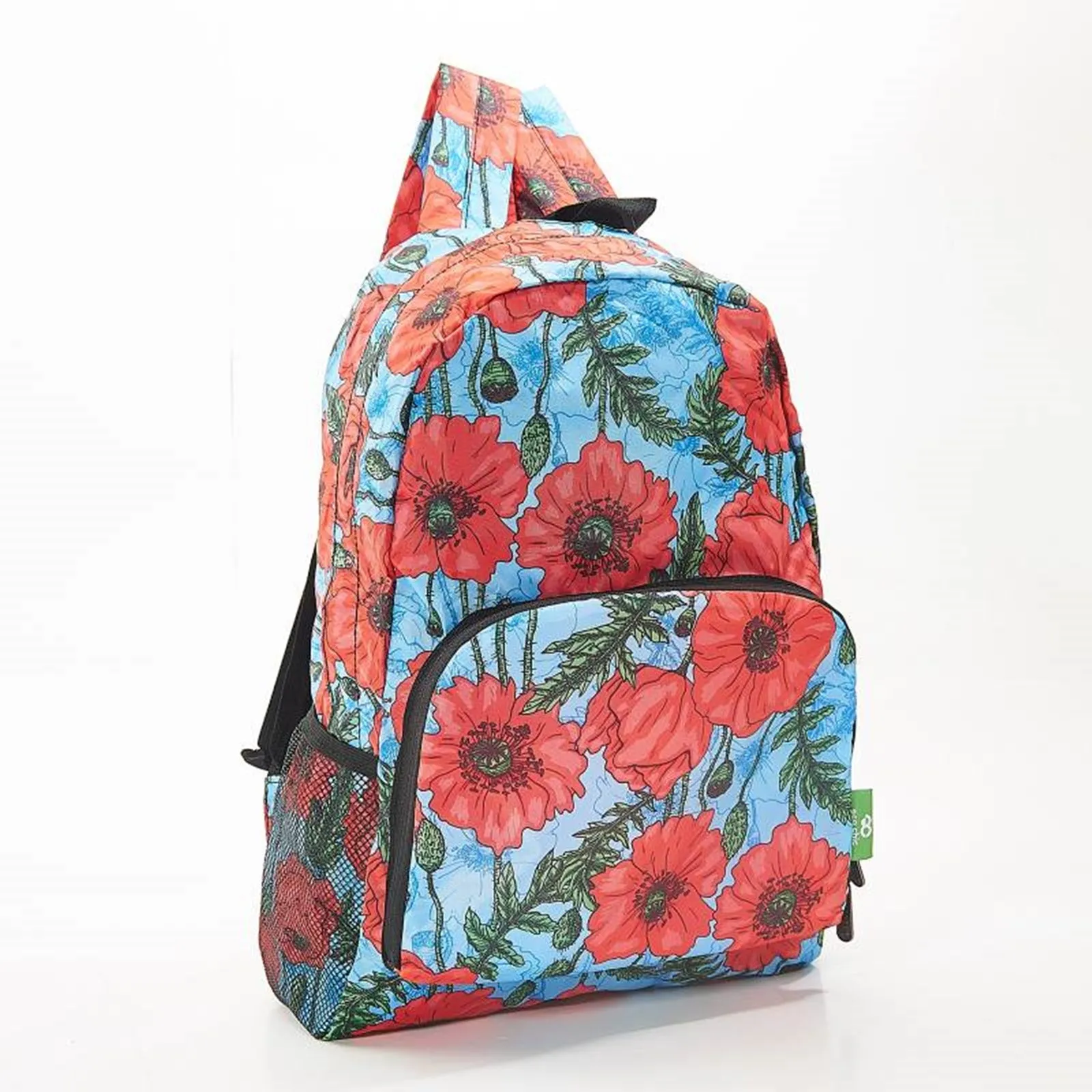 ECO CHIC Foldaway Back Pack/School Bag/Shopping Bag - Made From Recycled Plastic Bottles - Poppies (Blue)