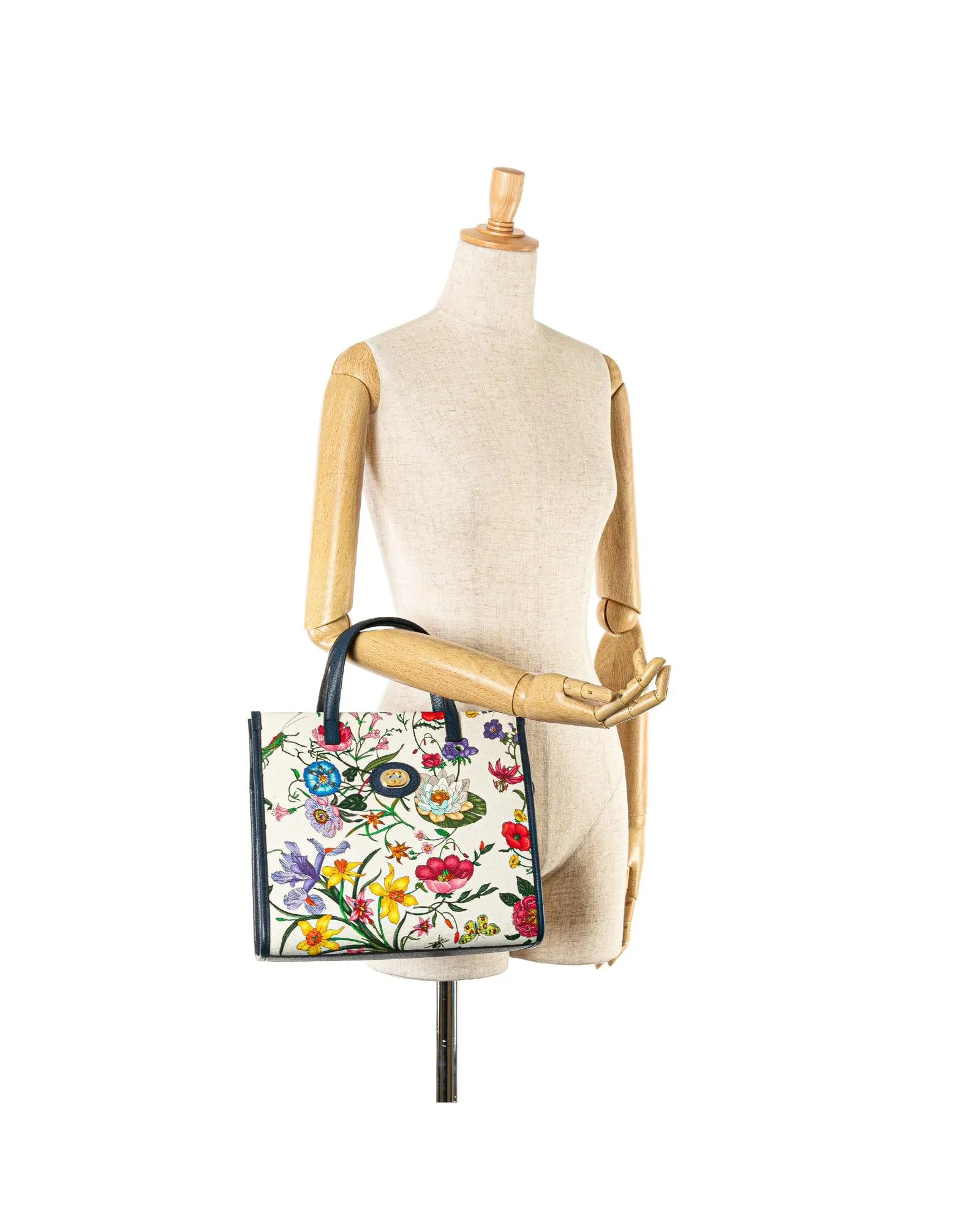 Floral Canvas Satchel with Leather Trim and Top Zip Closure