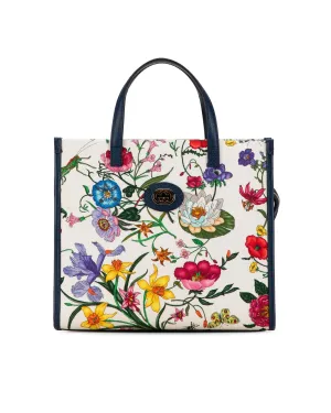 Floral Canvas Satchel with Leather Trim and Top Zip Closure