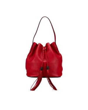 Leather Tassel Bucket Bag with Drawstring Closure