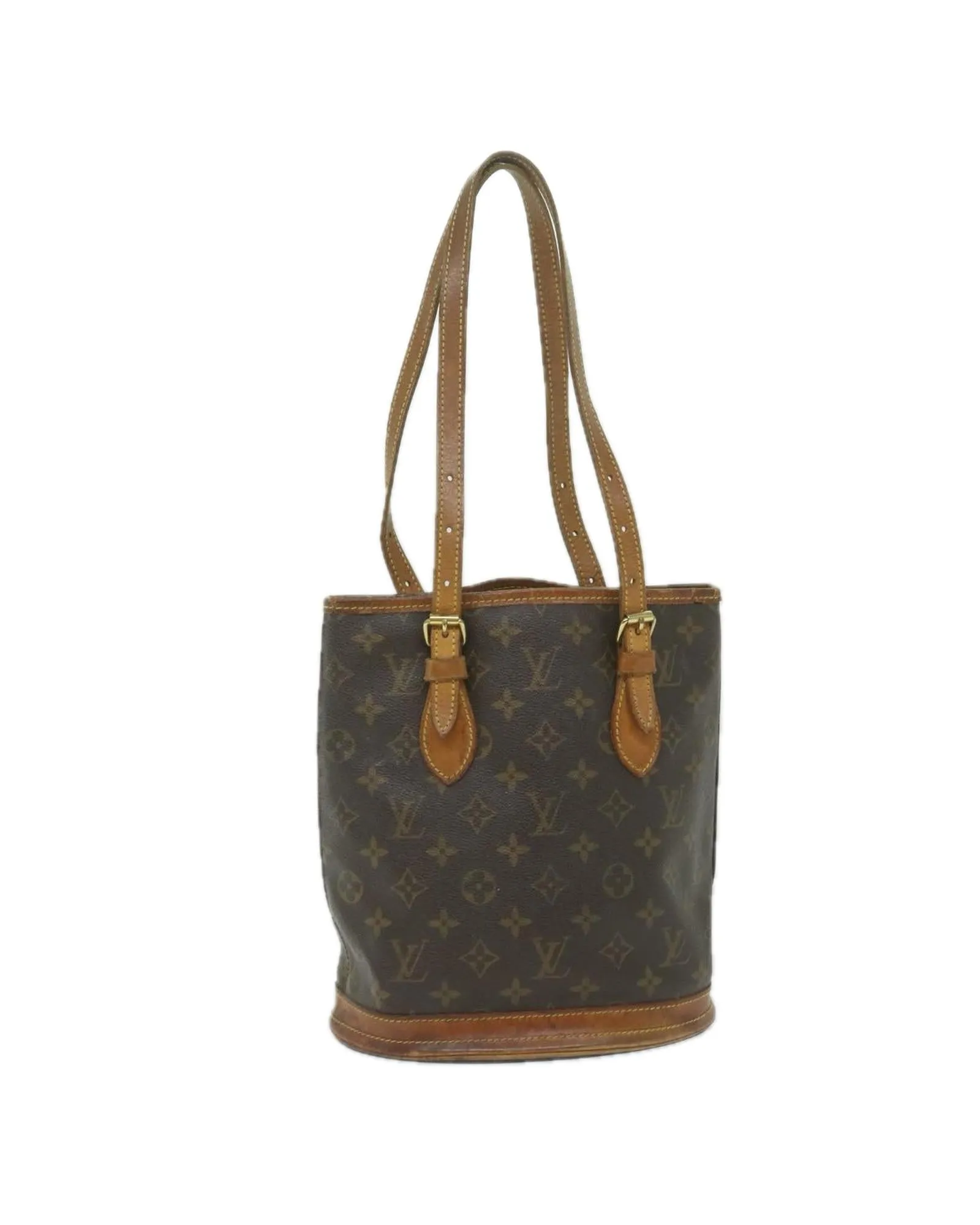 Monogram Bucket Shoulder Bag with Adjustable Strap and Multiple Compartments