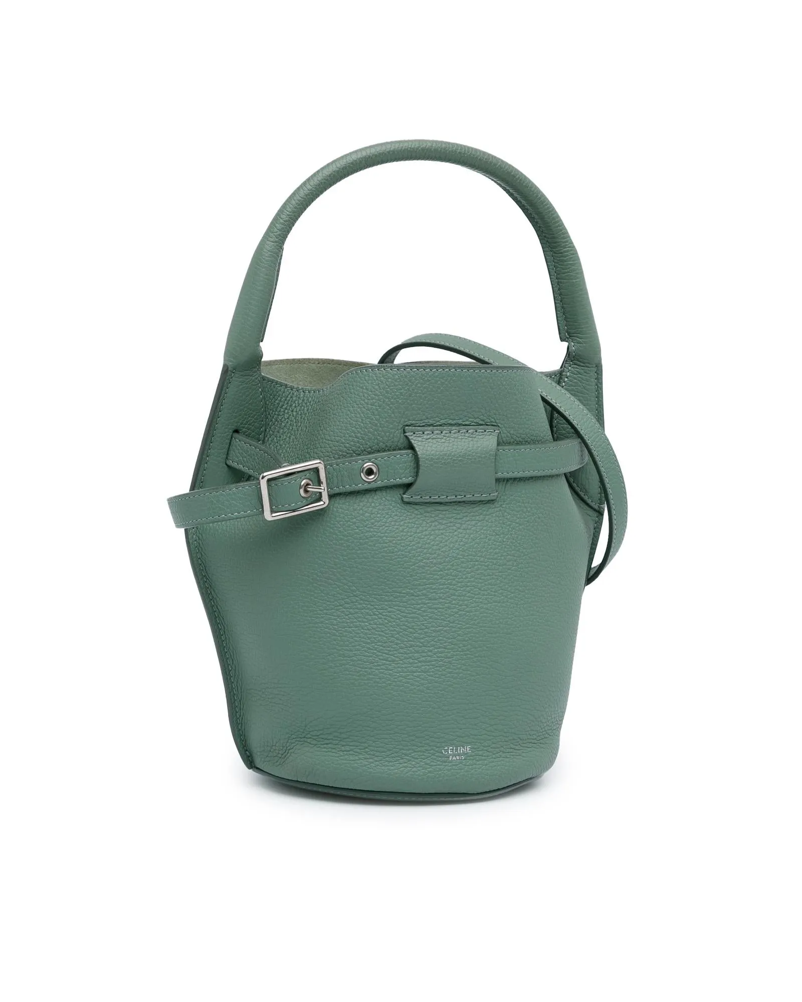 Nano Leather Bucket Bag with Rolled Handle and Drawstring Closure