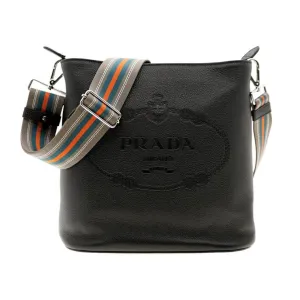 Prada Vitello Phenix Black Leather Web Strap Crossbody Bucket Bag