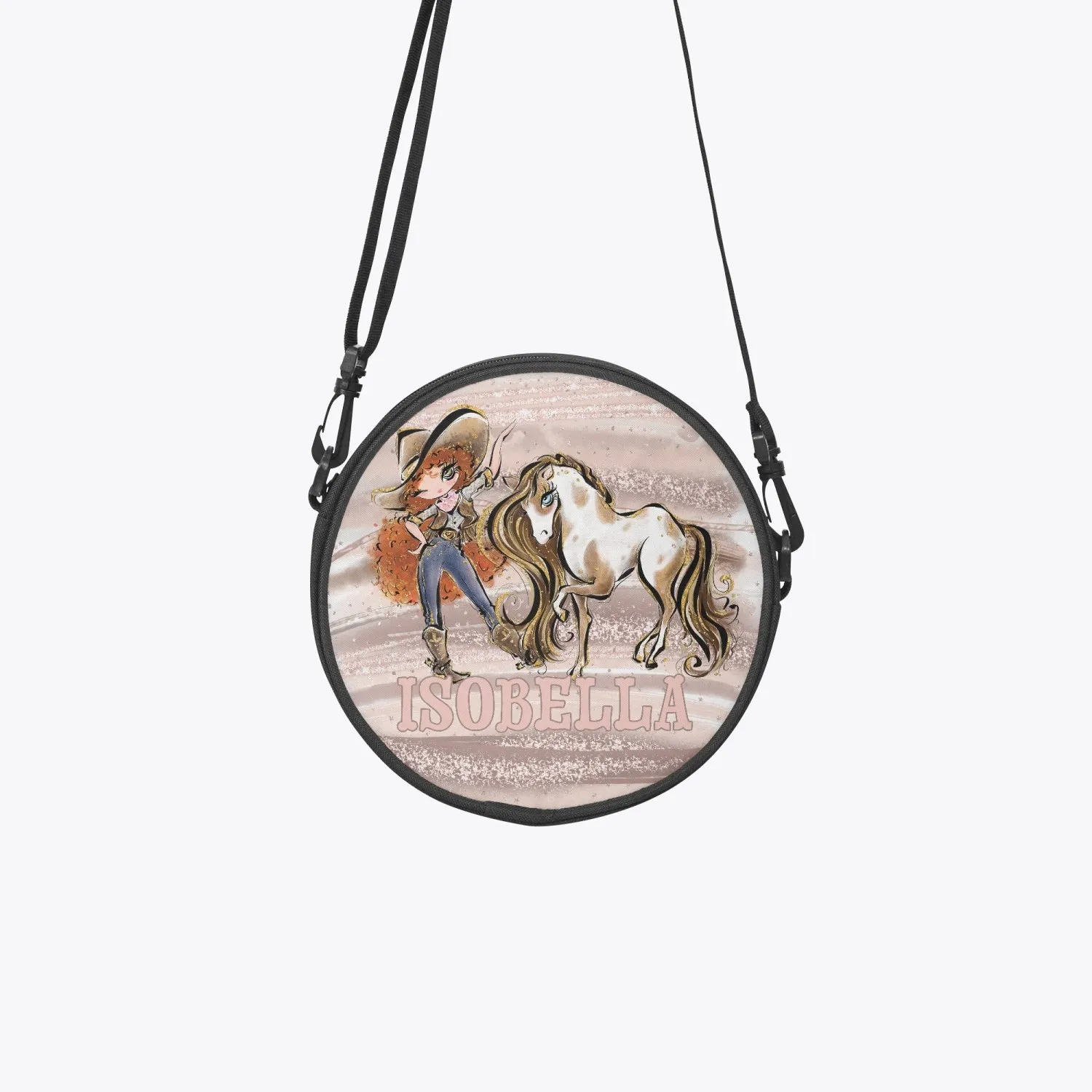 Round Satchel Bag, Howdy, Cowgirl and Horse, Red Curly Hair, Brown Eyes, Personalised