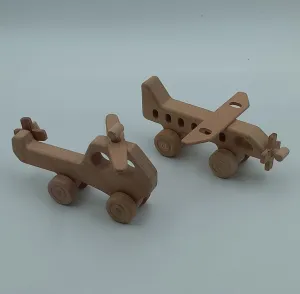 Set of 2 Wooden Helicopter and Airplane Push Toy Wood Natural Toddler Toy Gift For Kids Eco Friendly Toy